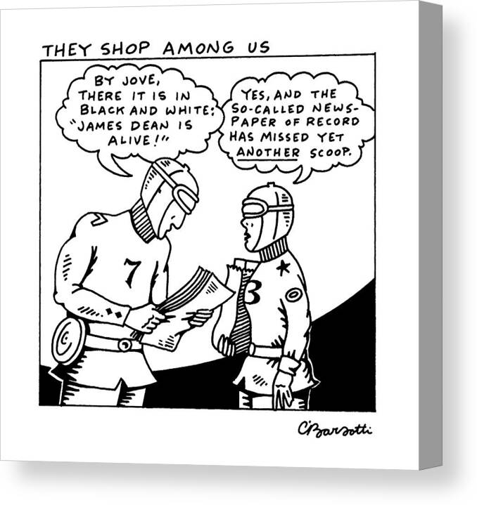 
They Shop Among Us: Title. Man And Woman In Twenties Buck Rogers- Style Uniforms Are Reading A Newspaper And Holding A Bag Of Groceries Canvas Print featuring the drawing They Shop Among by Charles Barsotti
