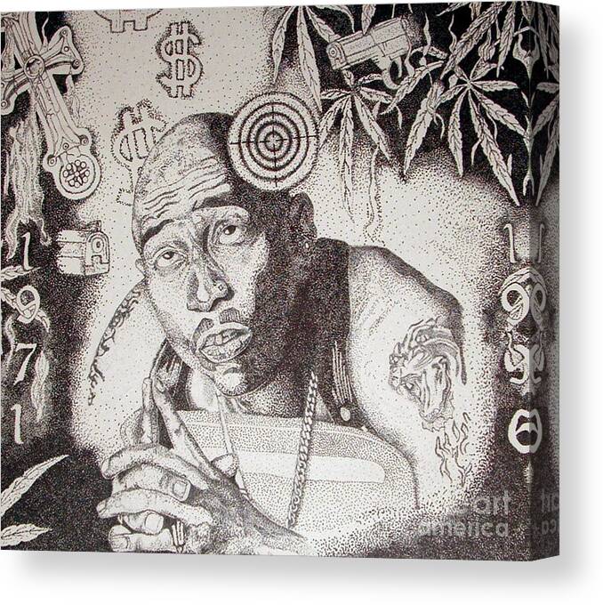 Kryztina Spence Canvas Print featuring the drawing Tupac by Kryztina Spence
