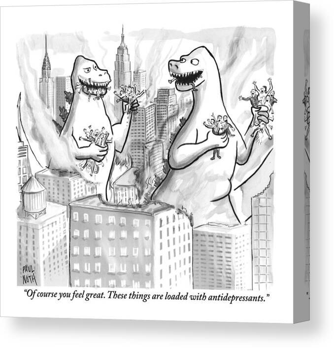 Godzilla Canvas Print featuring the drawing Two Godzillas Talk To Each Other by Paul Noth