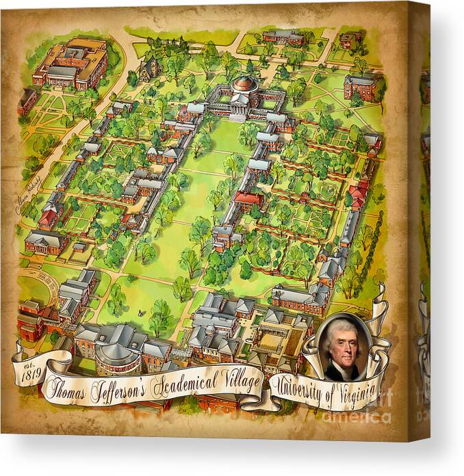 University Of Virginia Canvas Print featuring the painting University of Virginia Academical Village with scroll by Maria Rabinky