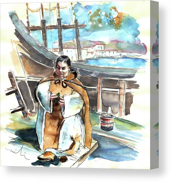 Portugal Canvas Print featuring the painting Preaching the Bible on The Conquistadores Boat in Vila do Conde in Portugal by Miki De Goodaboom