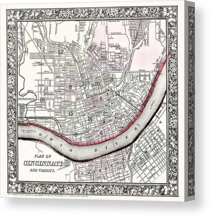1864 Canvas Print featuring the photograph Map Of Cincinnati Ohio 1864 #2 by Mountain Dreams