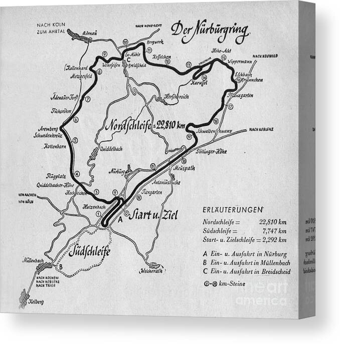 Nurburgirng Canvas Print featuring the drawing A map of the Nurburgring Circuit by German School