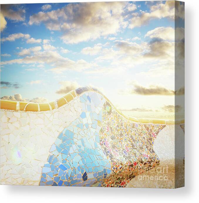 Barcelona Canvas Print featuring the photograph Bench of park Guell in Barcelona by Anastasy Yarmolovich