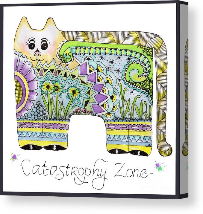 Kitty Cat Zentangle Doodle Flowers Geometric Canvas Print featuring the tapestry - textile Catastrophy Zone by Ruth Dailey