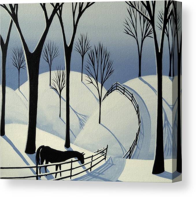 Folk Art Canvas Print featuring the painting Country Winter Road - horse snow folk art by Debbie Criswell