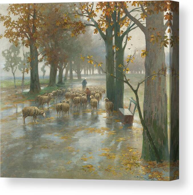 Adolf Kaufmann Canvas Print featuring the painting Flock of Sheep with Shepherdess on a Rainy Day by Adolf Kaufmann