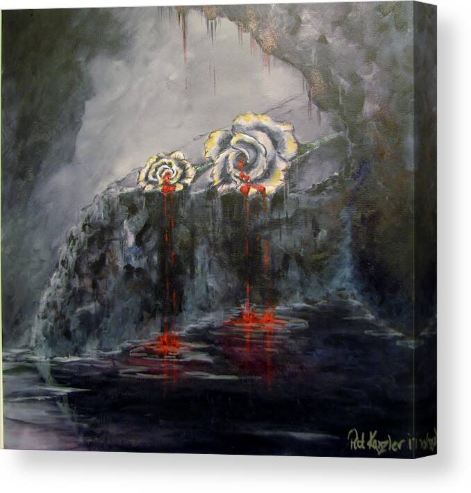 White/dying Roses; Tears Of Blood; Foggy Grotto Canvas Print featuring the painting Gaia's Tears by Patricia Kanzler
