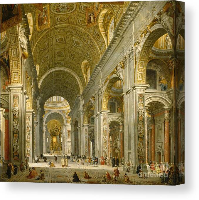 Interior Canvas Print featuring the painting Interior of St. Peter's - Rome by Giovanni Paolo Panini