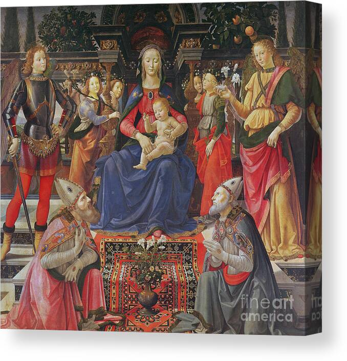 Madonna And Child Canvas Print featuring the painting Madonna and Child with SS Justus, Zenobius and the Archangels Michael and Raphael by Domenico Ghirlandaio