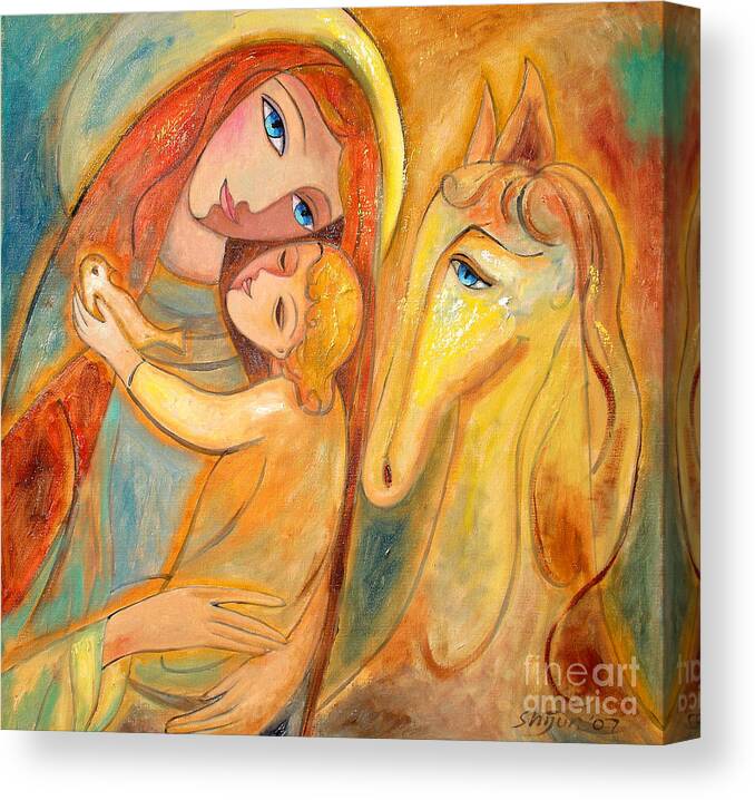 Mother And Child Canvas Print featuring the painting Mother and Child on horse by Shijun Munns