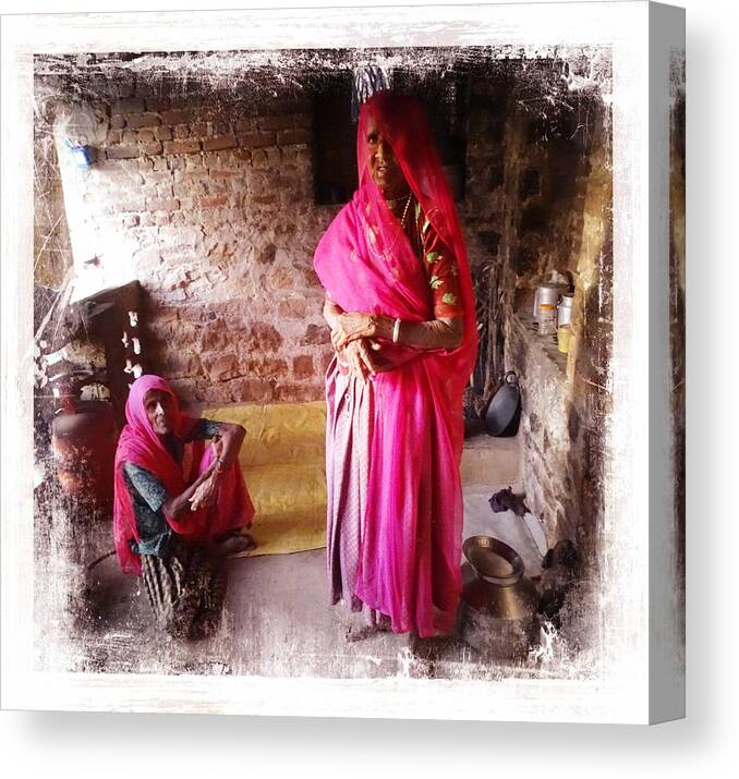 Sisters Canvas Print featuring the photograph Portrait Sisters Village Elders Seniors Indian Rajasthani 2b by Sue Jacobi