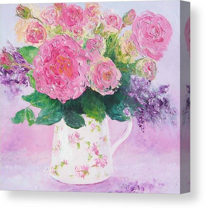Roses Canvas Print featuring the painting Roses in a pink floral jug by Jan Matson