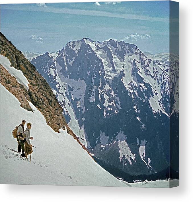 Joe Hieb Canvas Print featuring the photograph T-04402 Fred Beckey and Joe Hieb After First Ascent Forbidden Peak by Ed Cooper Photography