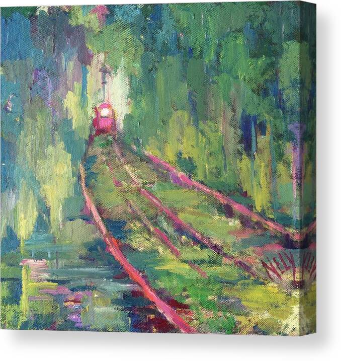 Tram Canvas Print featuring the painting Pink Tram by Nelya Pinchuk