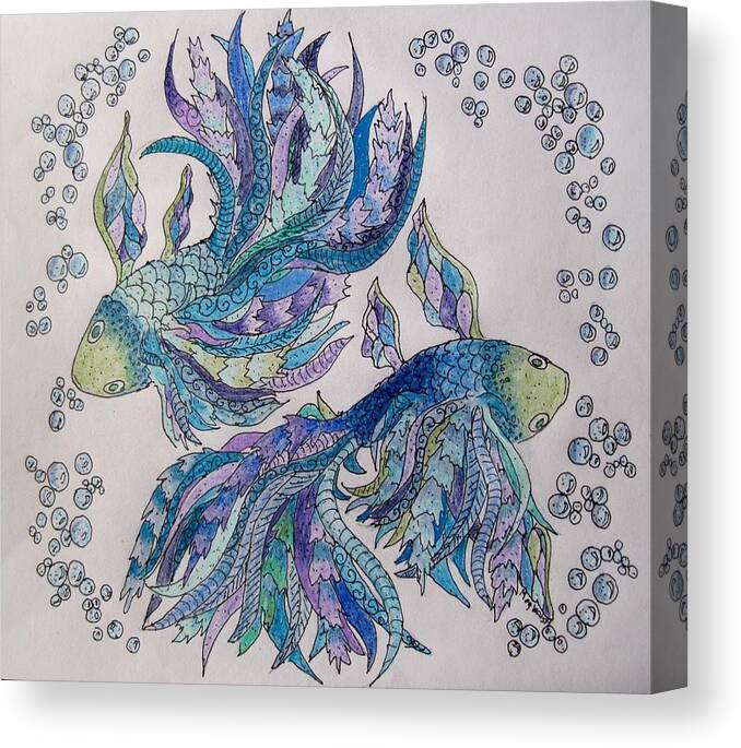Fish Canvas Print featuring the drawing Two fish tangled 2 by Megan Walsh