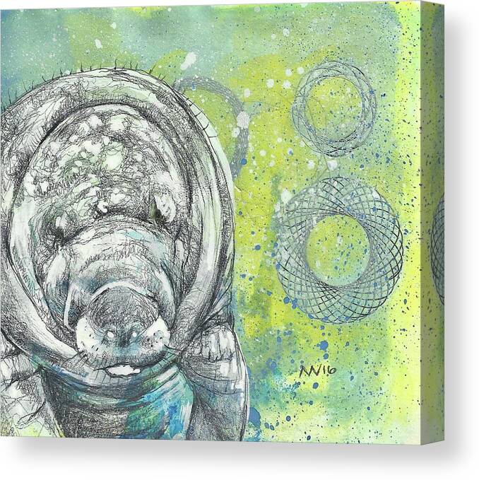 Manatee Canvas Print featuring the mixed media Whimsical Manatee by AnneMarie Welsh