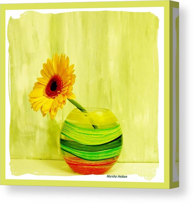 Photo Canvas Print featuring the photograph Yellow Gerber Matching Vase by Marsha Heiken