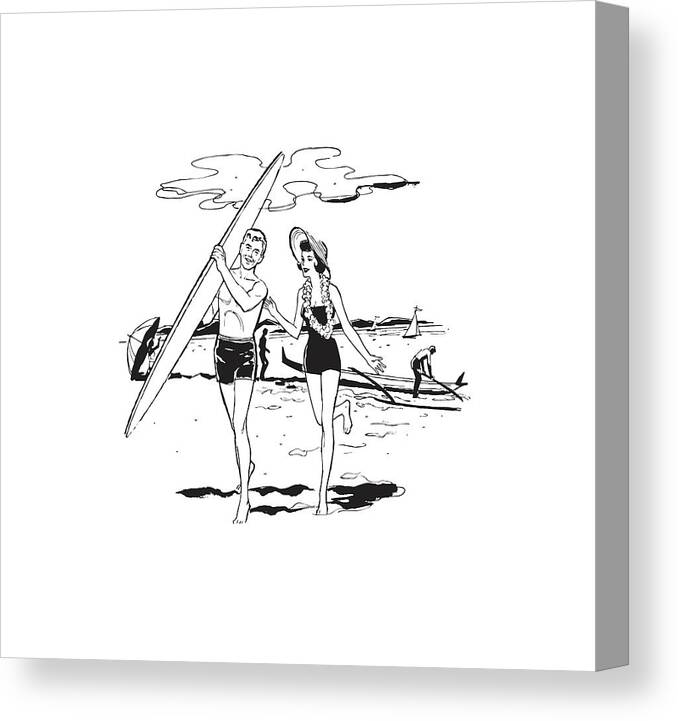 Accessories Canvas Print featuring the drawing Couple at Hawaiian Beach with Surfboard #1 by CSA Images