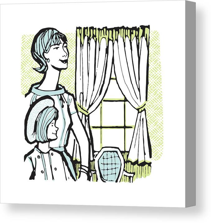 Adult Canvas Print featuring the drawing Woman and Girl by Window and Chair #1 by CSA Images