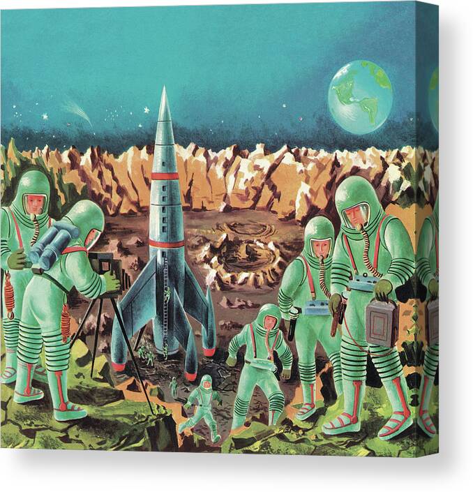 Adventure Canvas Print featuring the drawing Astronauts and Spaceship #2 by CSA Images