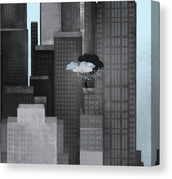 Problems Canvas Print featuring the digital art A Person On A Skyscraper Under A Storm by Jutta Kuss