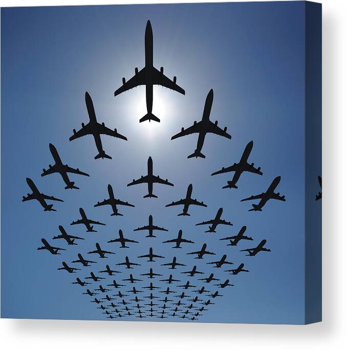 Expertise Canvas Print featuring the photograph Airplane Silhouettes Fly In V Formation by Georgo
