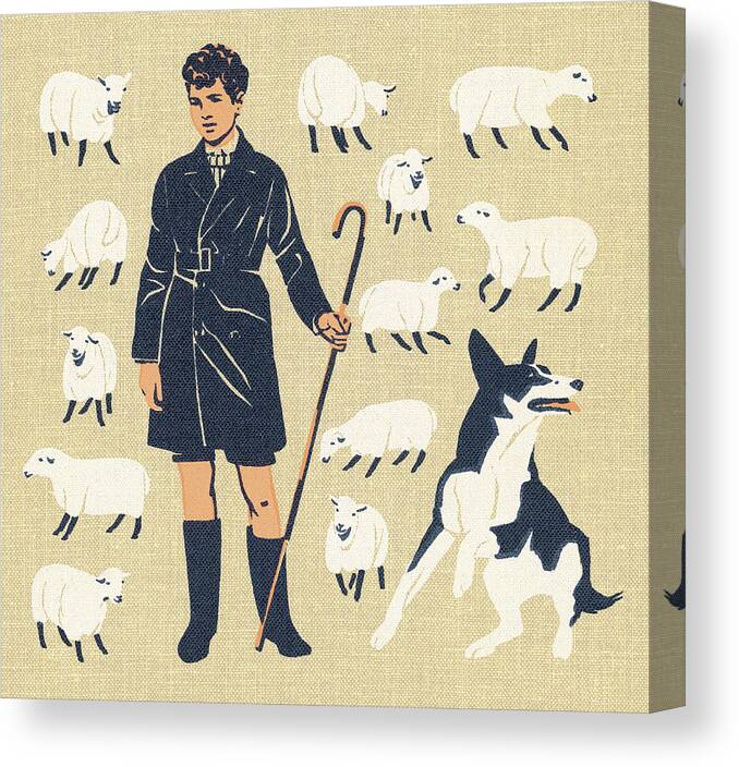 Animal Canvas Print featuring the drawing Boy Tending Sheep With Dog by CSA Images