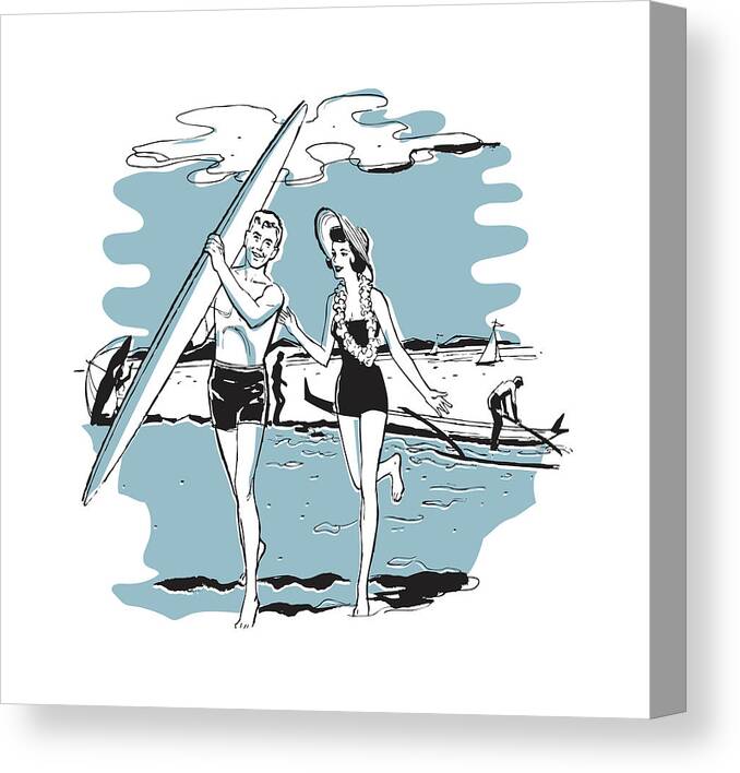Accessories Canvas Print featuring the drawing Couple at Hawaiian Beach with Surfboard by CSA Images