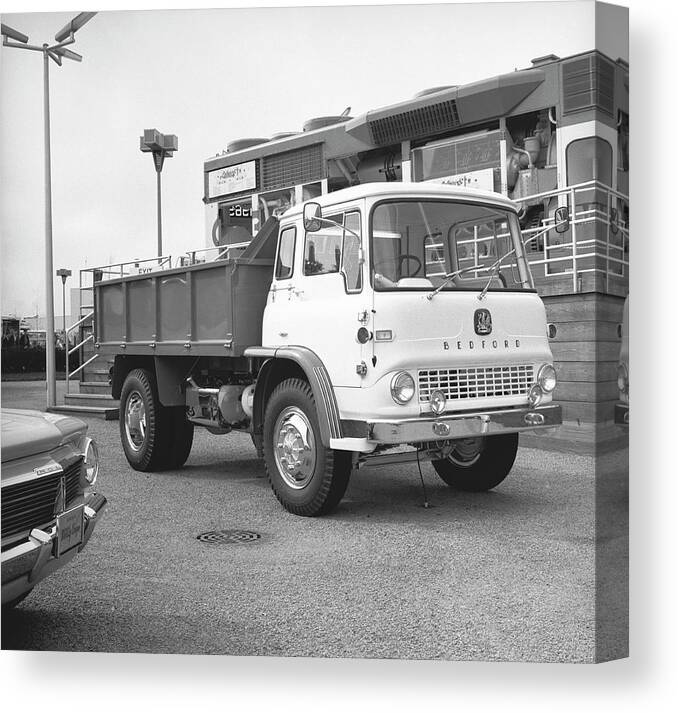 Freight Transportation Canvas Print featuring the photograph Dump Truck On Parking Lot, B&w by George Marks