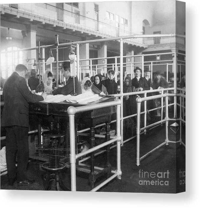Crowd Of People Canvas Print featuring the photograph Immigrants Having Papers Checked by Bettmann