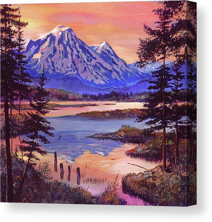 Landscape Canvas Print featuring the painting Mountain Lakeshore At First Light by David Lloyd Glover