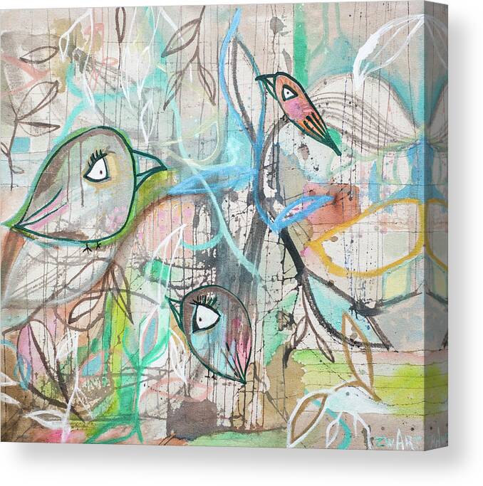 Pastel Birds Float Canvas Print featuring the painting Pastel Birds Float by Zwart