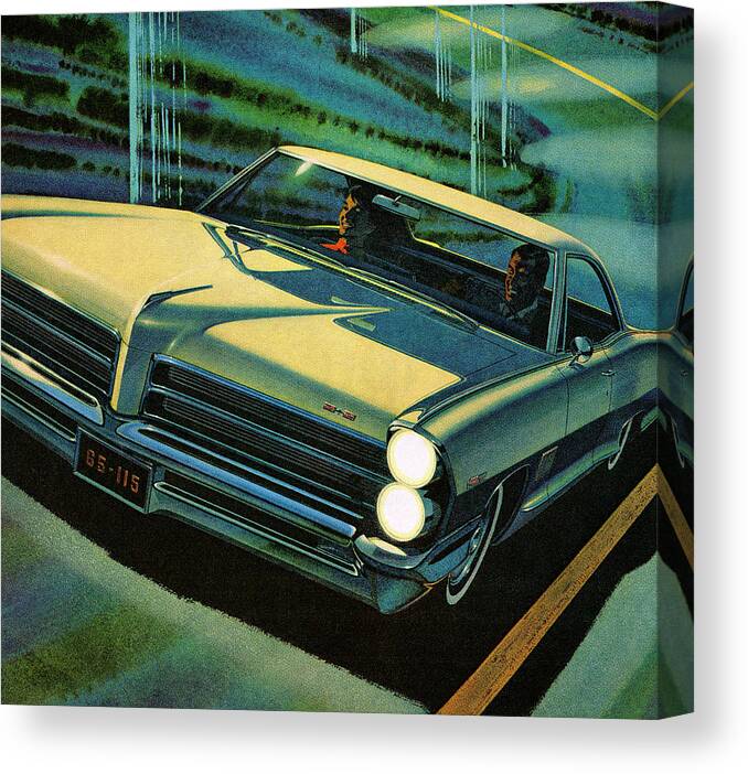 Auto Canvas Print featuring the drawing People Driving Vintage Car at Night by CSA Images
