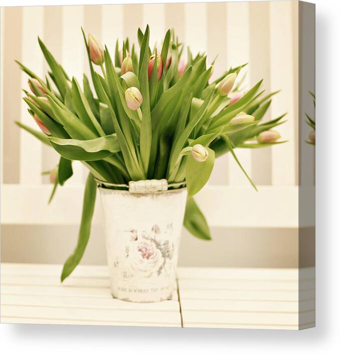 Bucket Canvas Print featuring the photograph Tulips In Bucket by Andrea Kamal