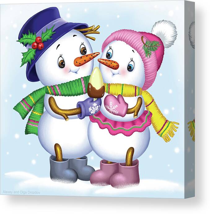 With Ice Cream In Snow Canvas Print featuring the digital art Two Snowmen by Olga And Alexey Drozdov