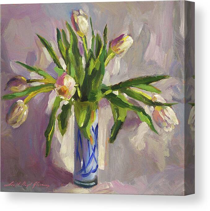Still Life Canvas Print featuring the painting Tulips In Blue Glass #2 by David Lloyd Glover