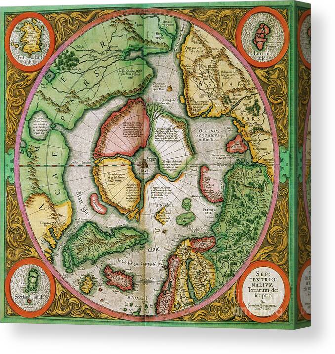 1595 Canvas Print featuring the drawing Arctic Region, 1595 by Gerardus Mercator