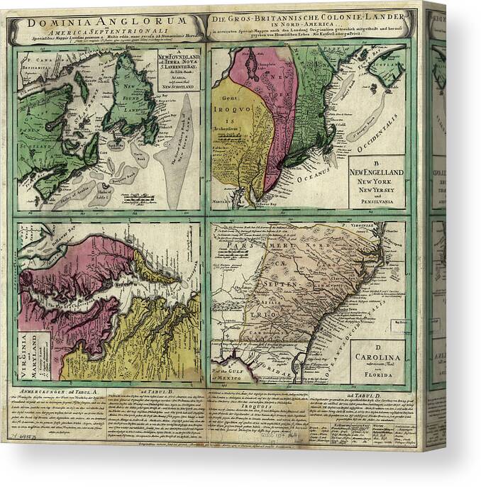 North America Canvas Print featuring the drawing British Doinions in Norther America from New Foundland to Carolina 1770 by Vintage Maps