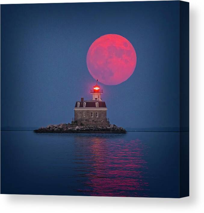 Penfield Reef Lighhouse Canvas Print featuring the photograph Buck Full Moon CT by Susan Candelario