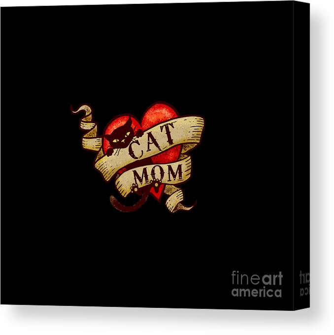 Cat Mom Canvas Print featuring the digital art Cat Mom in Retro Heart Tattoo by Laura Ostrowski