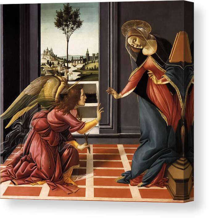 Sandro Botticelli Canvas Print featuring the painting Annunciation by Sandro Botticelli by Mango Art