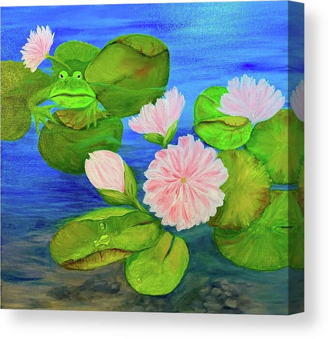  Canvas Print featuring the painting Frog among lilypads by Peggy Miller