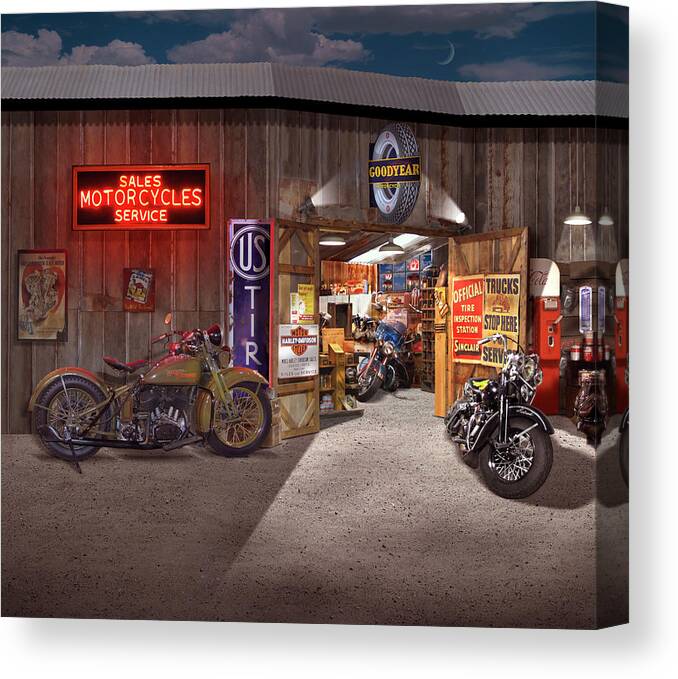 Motorcycle Shop Canvas Print featuring the photograph Outside the Motorcycle Shop by Mike McGlothlen