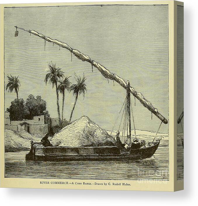 Landscape Canvas Print featuring the drawing River Commerce A corn Barge n5 by Historic Illustrations