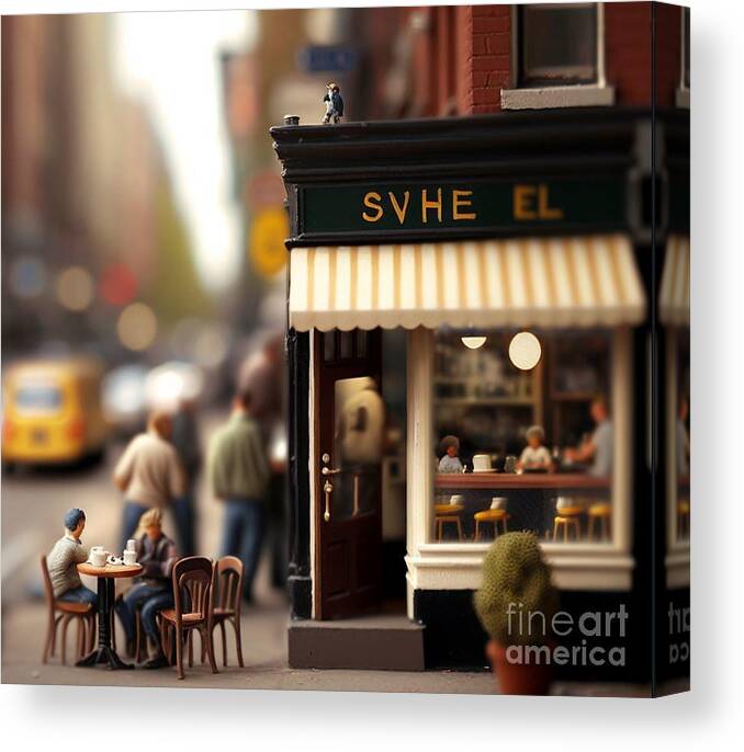  Canvas Print featuring the mixed media Tiny City Coffee by Jay Schankman