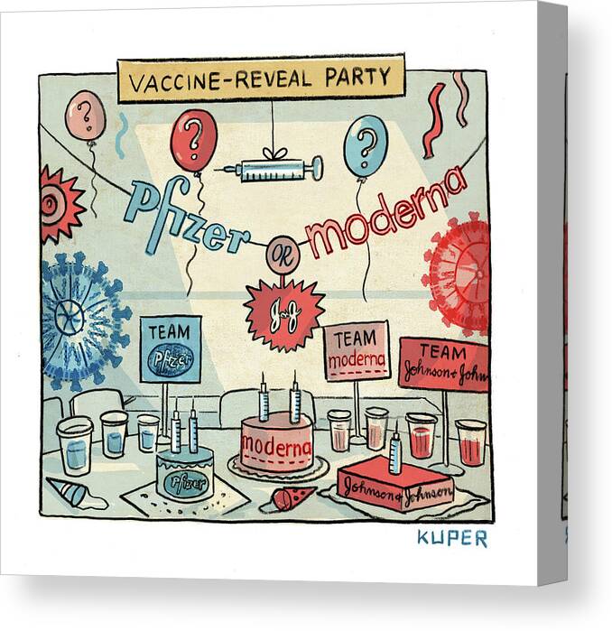 Captionless Canvas Print featuring the drawing Vaccine Reveal Party by Peter Kuper