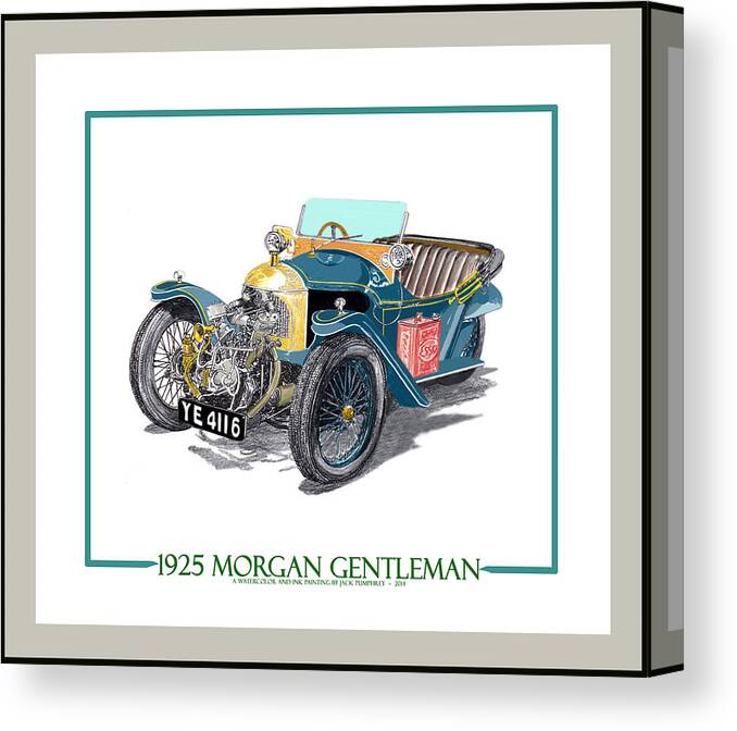 A Watercolor And Ink Painting Of A Morgan gentleman Three Wheeler By Jack Pumphrey Which Has A Two Cylinder 1100cc Canvas Print featuring the painting 1925 Morgan Gentleman by Jack Pumphrey