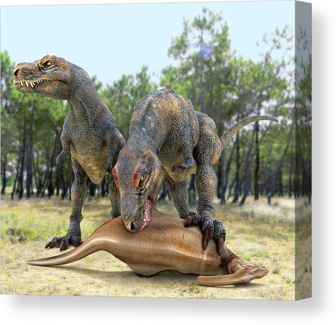 Parasaurolophus Canvas Print featuring the photograph Tyrannosaurus Rex Dinosaurs by Roger Harris