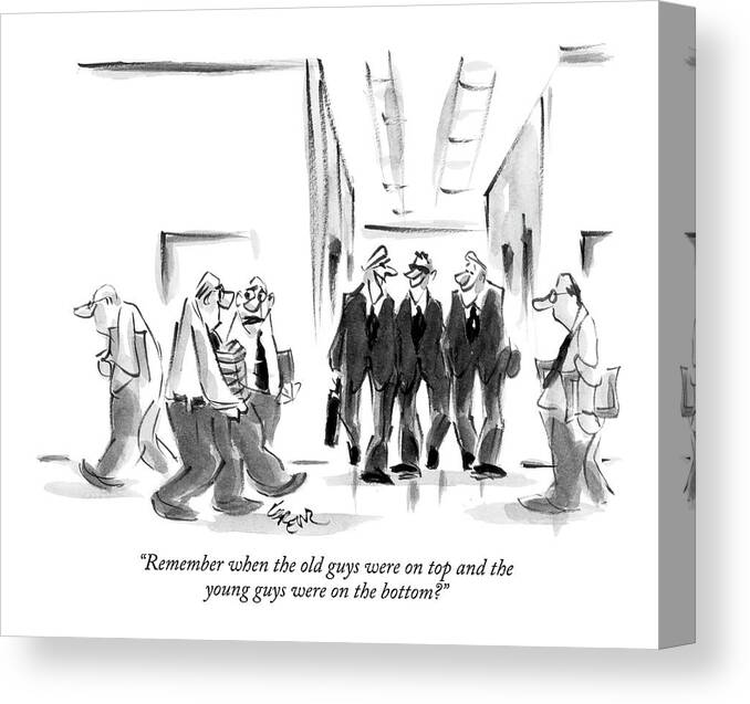 Age Old Age Business Management 

(one Old Employee Talking To Another About The Younger Employees Walking By.) 121723 Llo Lee Lorenz Canvas Print featuring the drawing Remember When The Old Guys Were On Top by Lee Lorenz